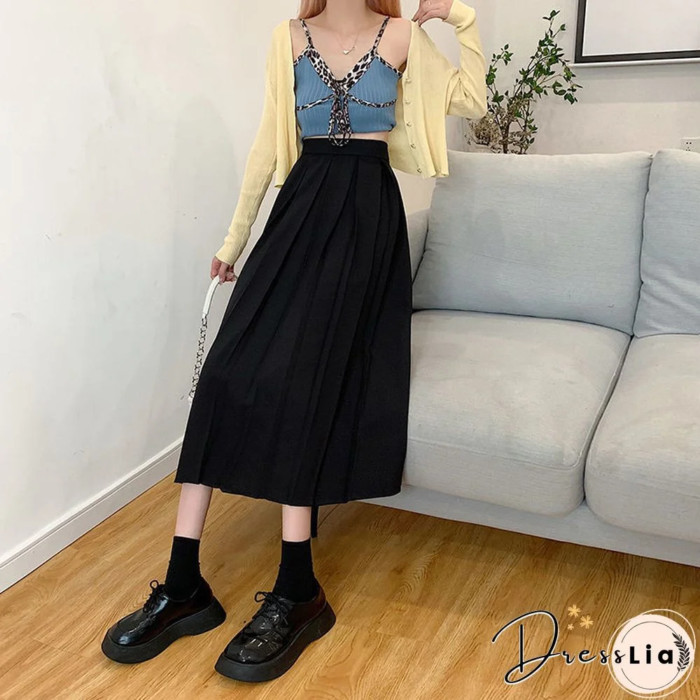Vintage Pleated Midi Skirt Fashion High Waist Gothic Skirt Women Spring Casual Korean A-line Elastic Solid All-match Skirt New