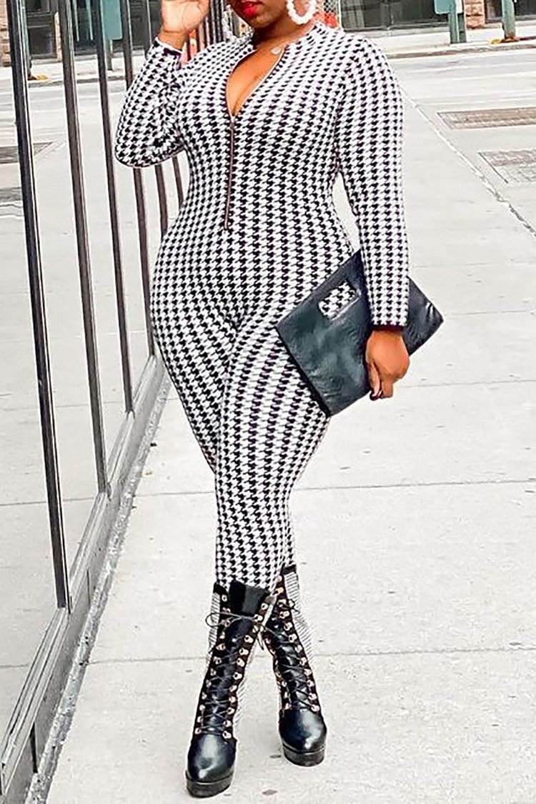 Plus Size Casual Houndstooth All Over Print With Zipper Skinny Jumpsuits