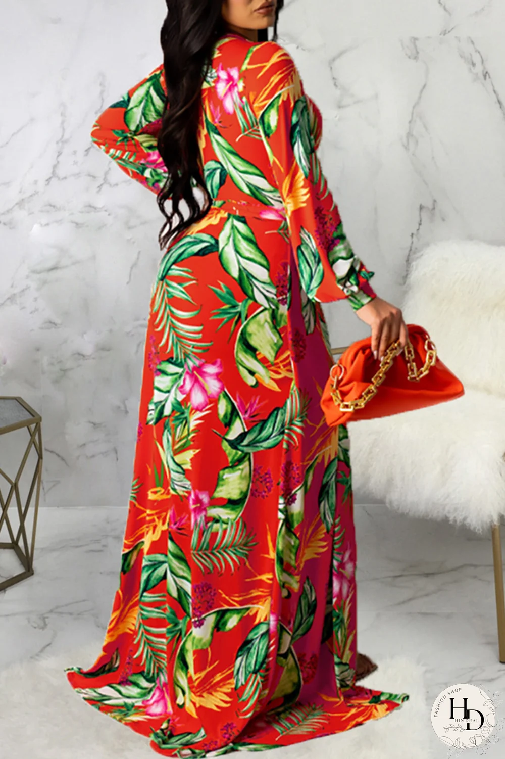 Yellow Sexy Print Split Joint V Neck Irregular Dress Dresses