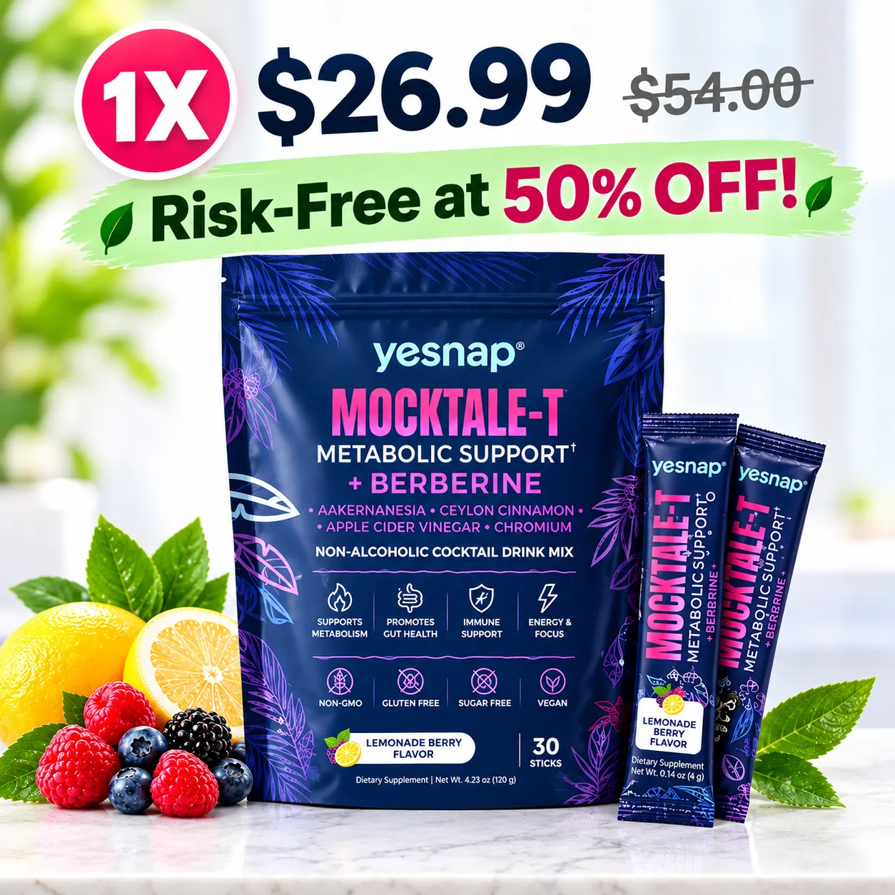 MOCKTALE-1 GLP-1 Supplement, Support Natural GLP 1 Production Drink for Weight Loss, Appetite Control & Metabolic, with Berberine, Akkermansia, Ceylon Cinnamon, Lemon Mint Flavor, 30 Packets (Purple) - YESNAP SHOP