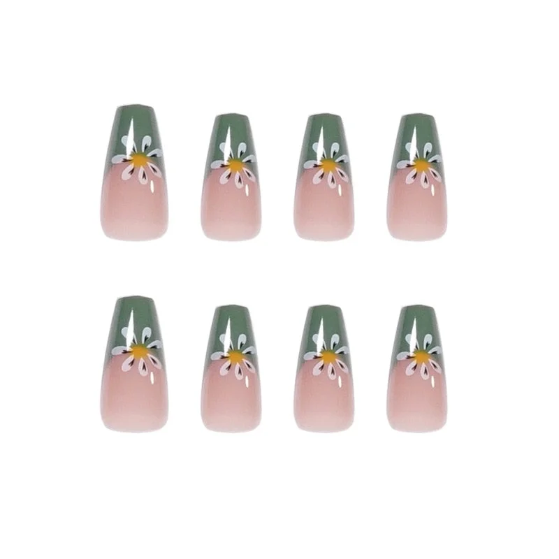24pcs False Nails with Flower Print Mid-length Coffin Ballet Press on Nails Green Fake Nails Ballerina Women Wearable Manicure-Nail Inspo