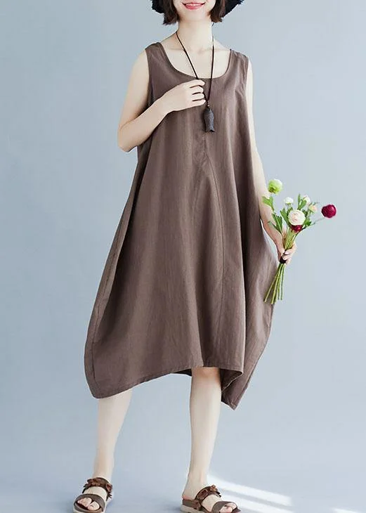 Bohemian o neck linen quilting dresses Fashion Ideas khaki sleeveless Dress summer
