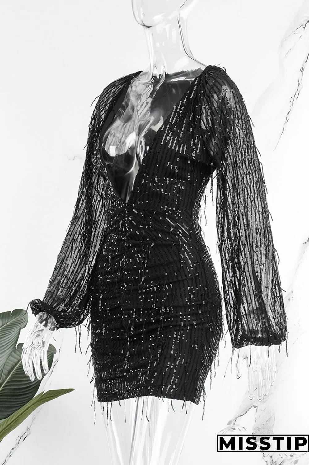 Black Casual Patchwork Tassel Sequins V Neck Long Sleeve Dresses