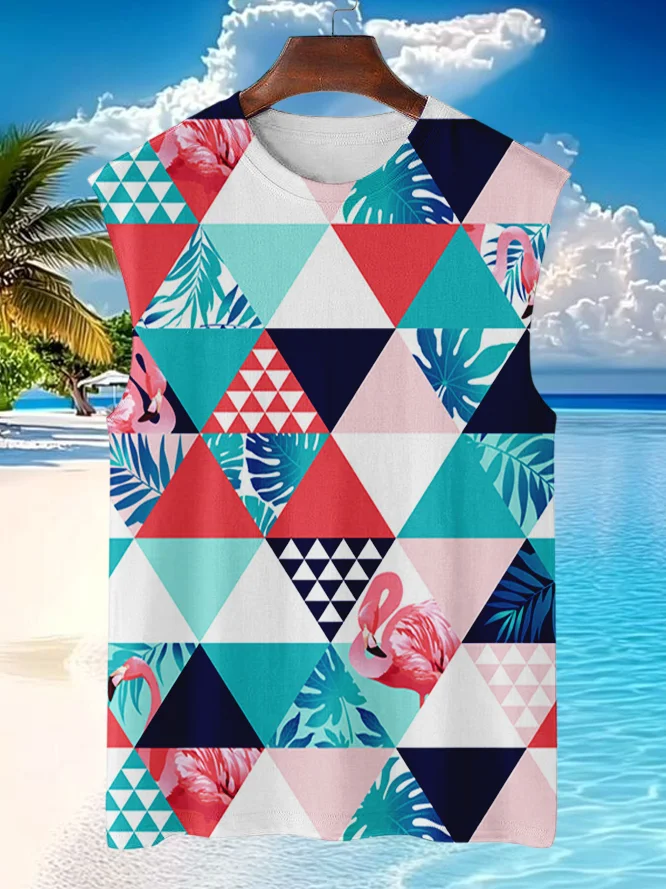 Men's Hawaii Plant Flamingo Geometric Print Vacation Tank Top