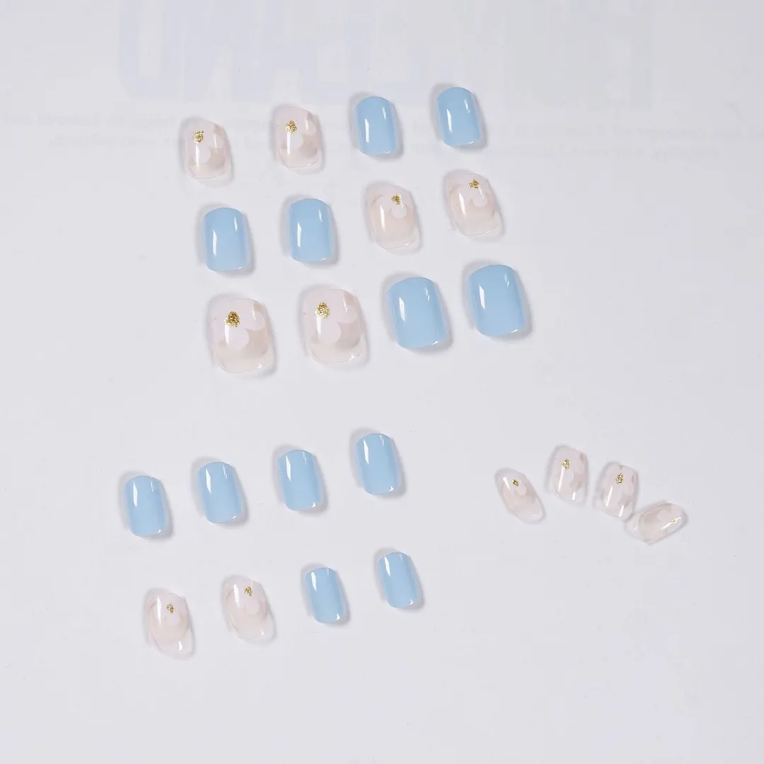 24pcs Blue Flower Short Fake Nails Full cover Fake Nails Glue DIY Manicure Nail Art Tools-Nail Inspo