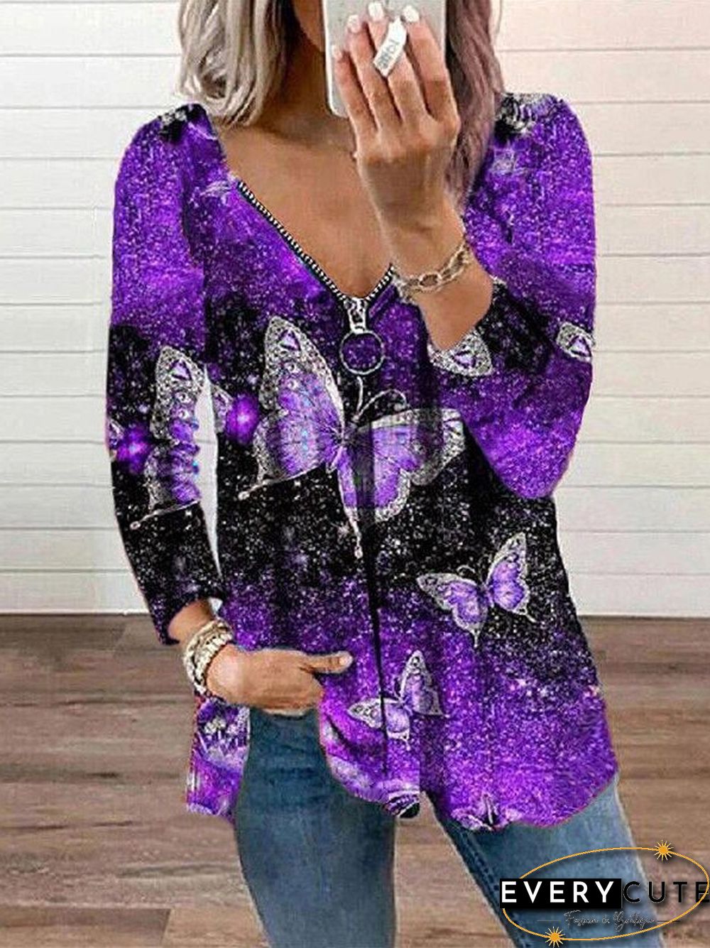 Printed V neck Long Sleeve Casual T-shirt