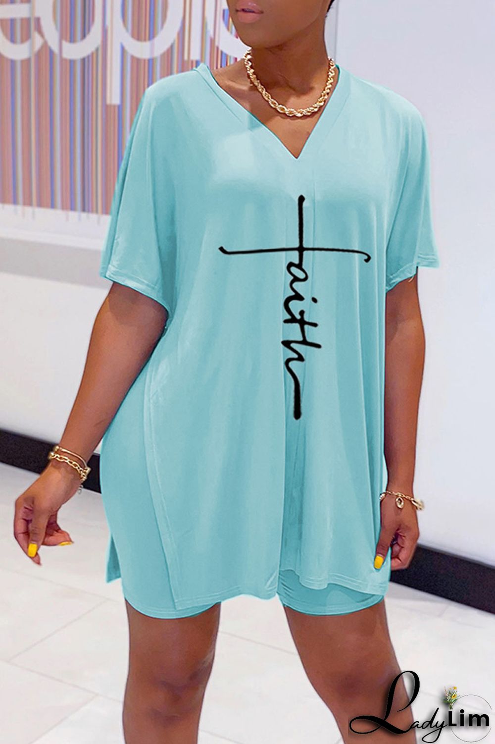 Tangerine Red Casual Print Split Joint V Neck Short Sleeve Two Pieces