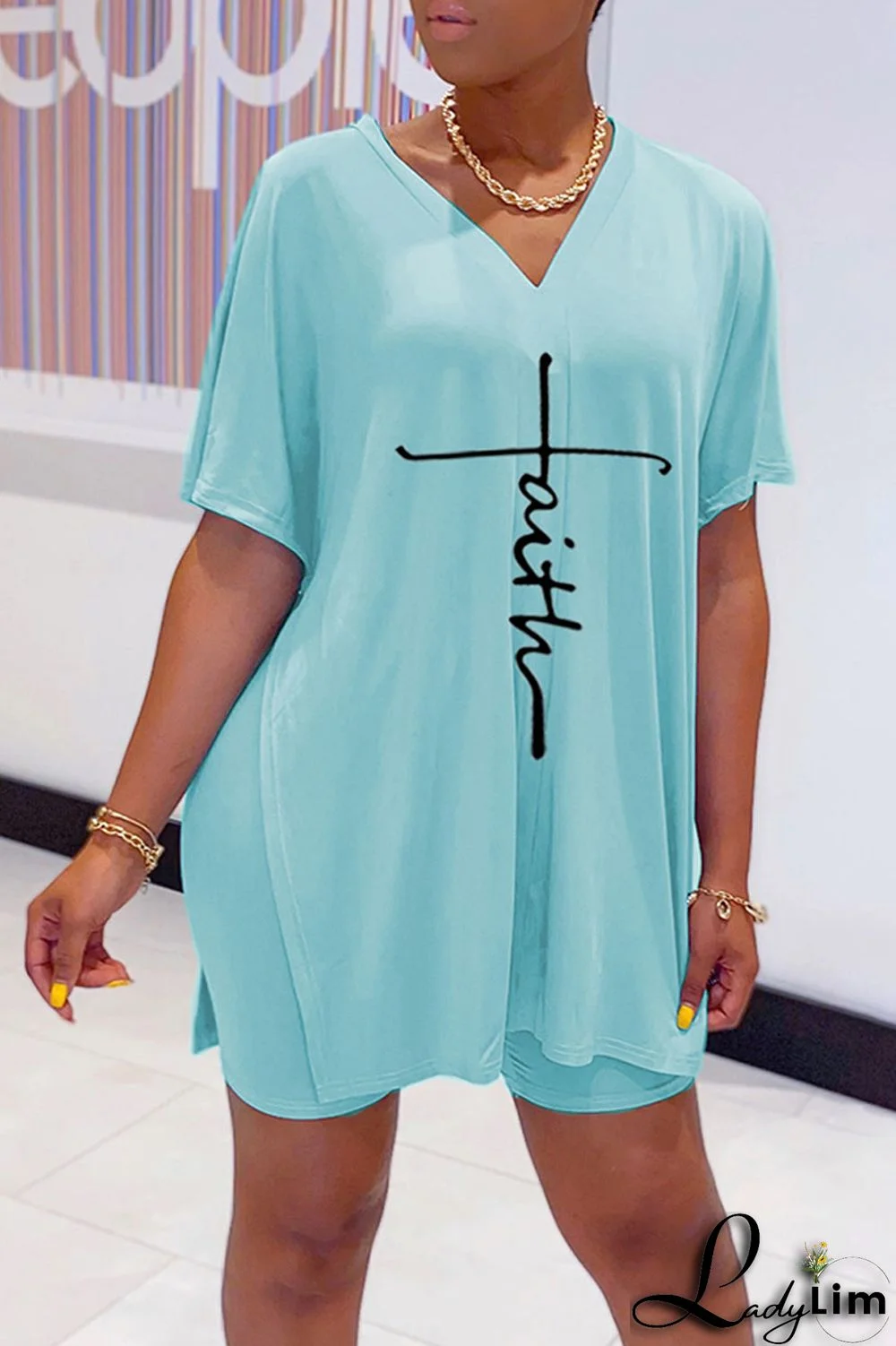 Tangerine Red Casual Print Split Joint V Neck Short Sleeve Two Pieces