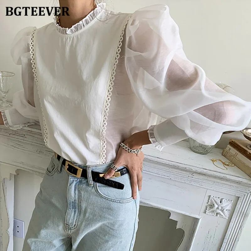 BGTEEVER Vintage Stand Collar White Shirts for Women Long Sleeve Loose Female Blouses 2021 Spring Chic Ruffles Ladies Tops
