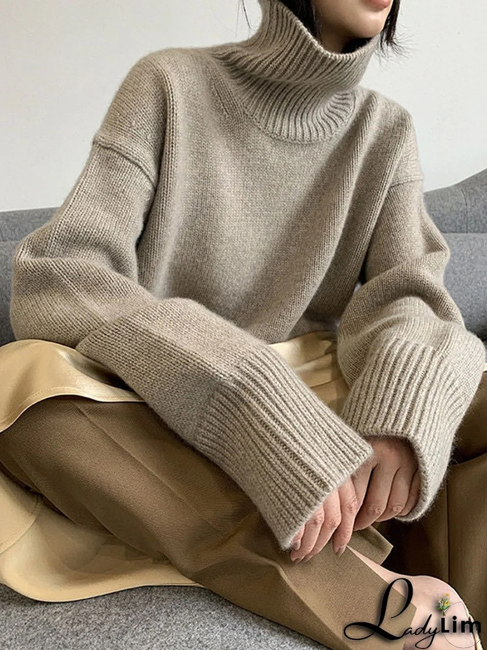 Casual Loose Long Sleeves Solid Color High-Neck Sweater Tops