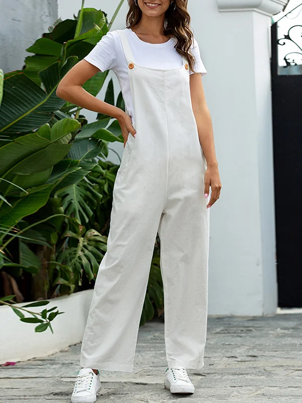 Roomy Buttoned Pure Color Overalls