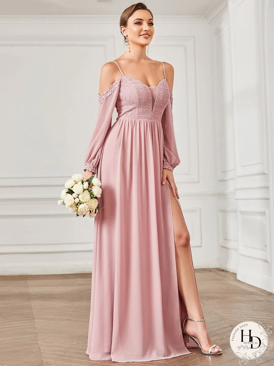 Deep V neck A Line Long Sleeves Wholesale Bridesmaid Dresses