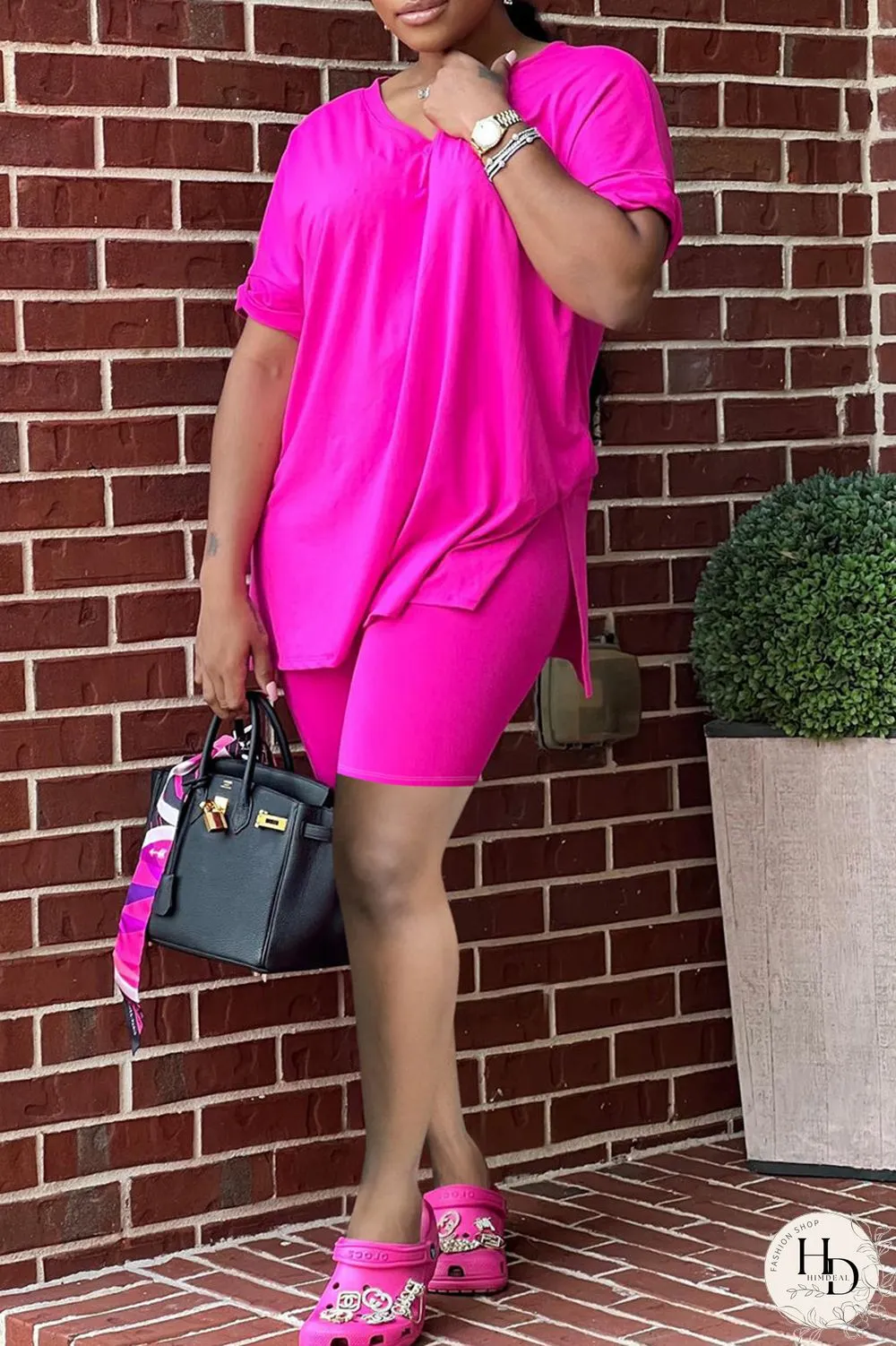 Blue Fashion Casual Solid Slit V Neck Short Sleeve Two Pieces