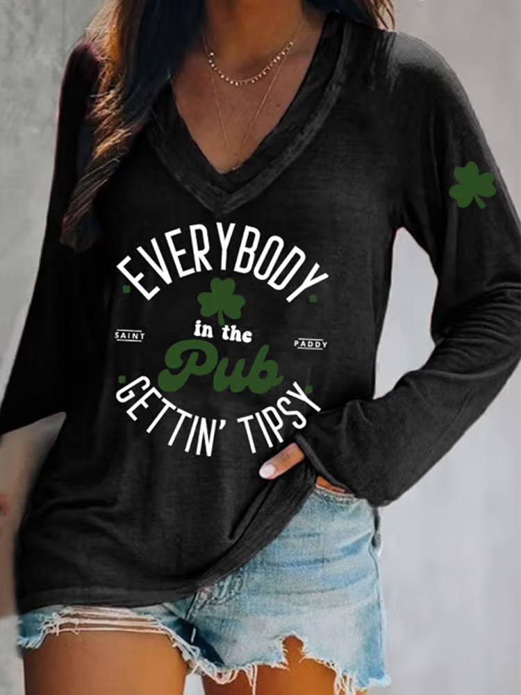 Comstylish Women's Everybody In The Pub Getting Tipsy St. Patrick's Day Print V-neck T-shirt