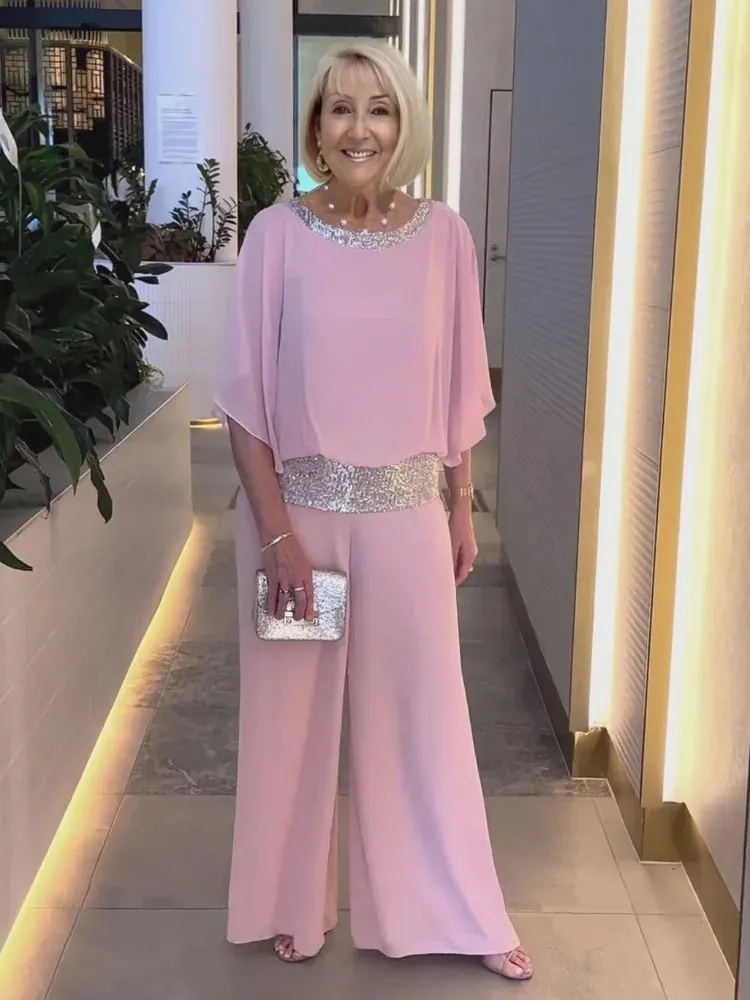 2Pcs Shine Bright Pink Gorgeous Outfit with Sequins Wedding Tunic Party Suit  Chiffon Opaque Soft Fabric Two Piece Set