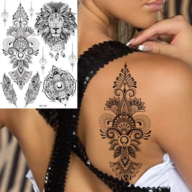 REJASKI Black Henna Lace Temporary Tattoos Sticker For WOmen Butterfly Moth Mehndi Flower Fake Tatoo Sticker Feather Flora Tatoo