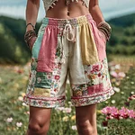 Women's Patchwork Floral Contrast Waist Drawstring Pocket Shorts - Image 2