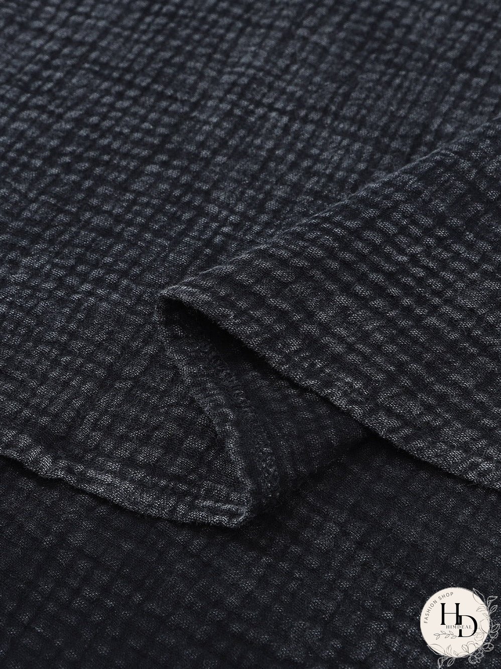 Crinkled Black Loose-fit V-Neck Henley Top