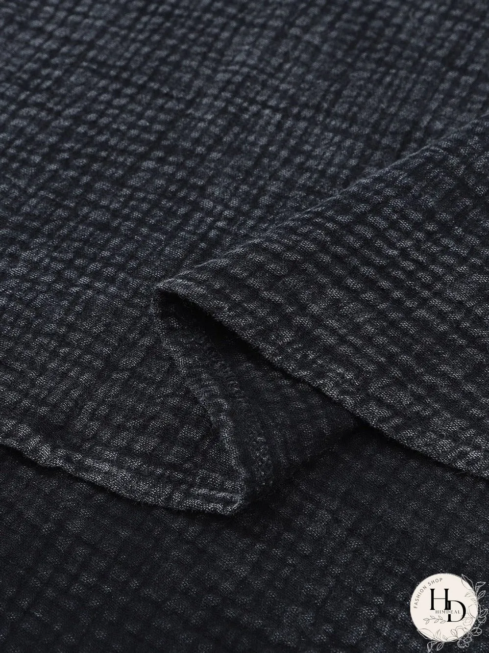 Crinkled Black Loose-fit V-Neck Henley Top