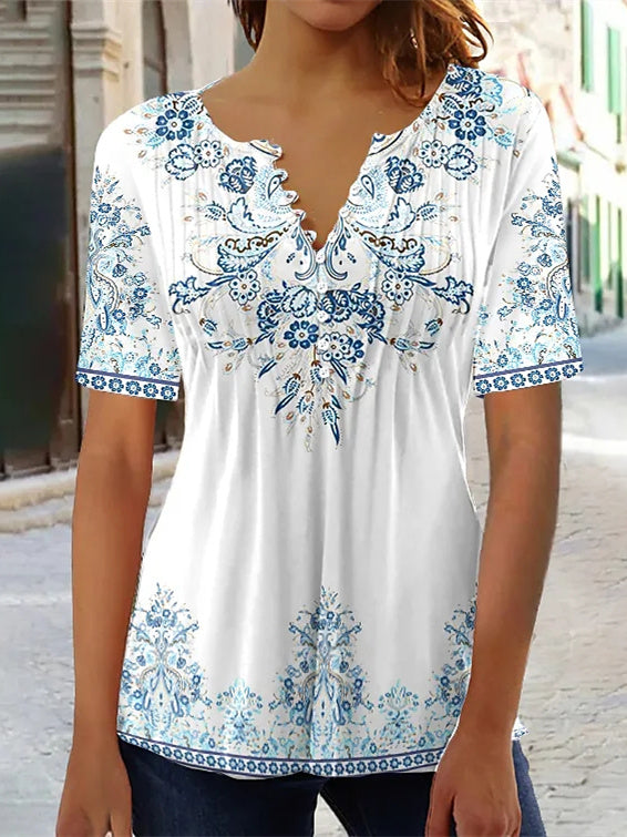 Women Long Sleeve V-neck Graphic Floral Printed Top
