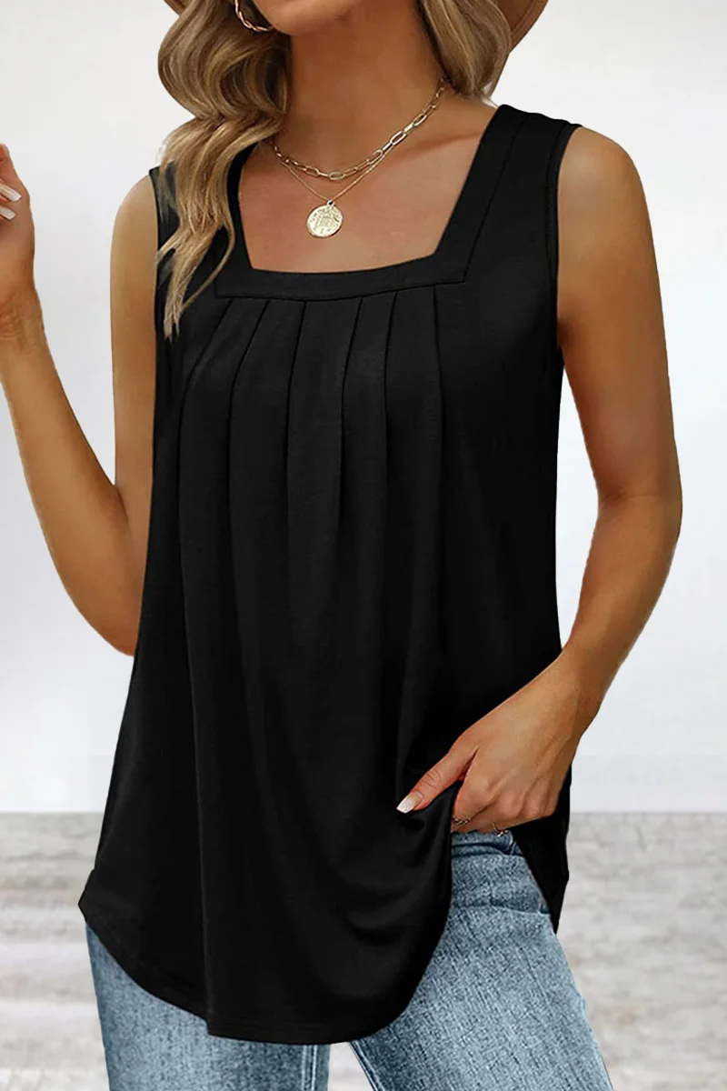 Black Casual Street Solid Fold Square Collar Tops
