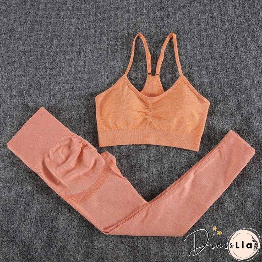 Solid Seamless Gym Two Piece Set Women High Stretchy Tracksuit Women Sports High Waist Leggings Workout Pants Sets Women
