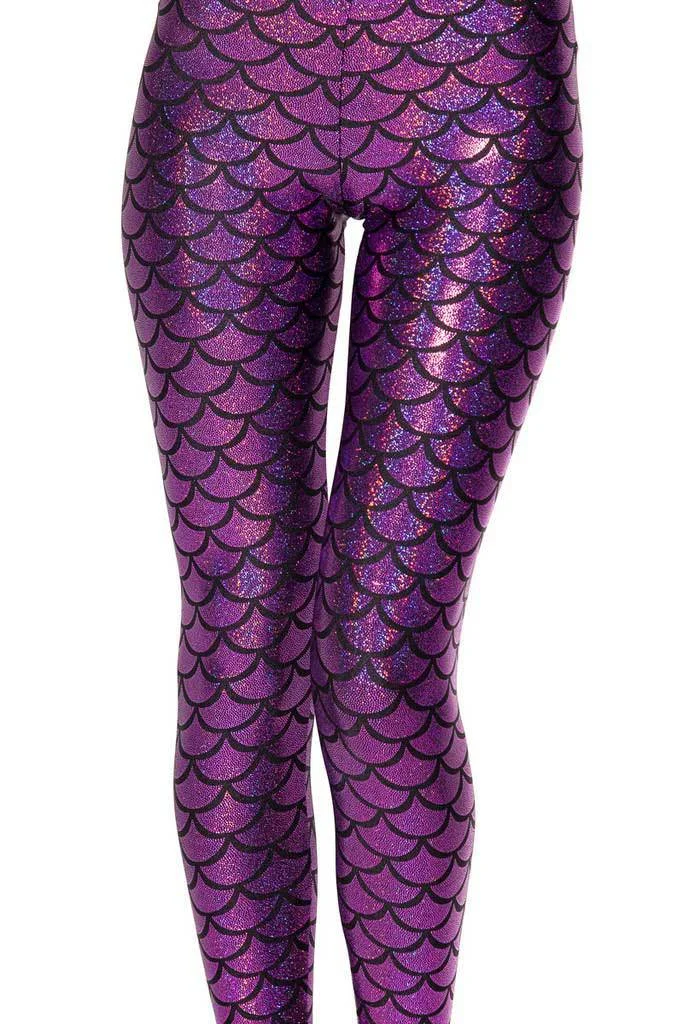 CUHAKCI Women Fish Scale Print Mermaid Leggings Push Up Stretch Shiny Pants Casual Trousers