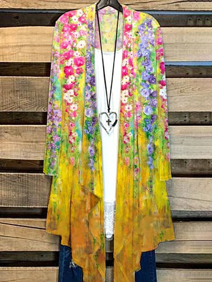 Women's Colorful Oil Painting Floral Print Casual Cardigan