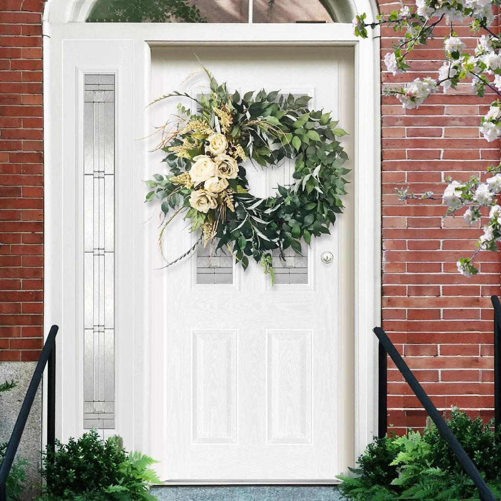 Phalaenopsis and Ficus Leaves Wreath Elegant Summer Front Door Garland