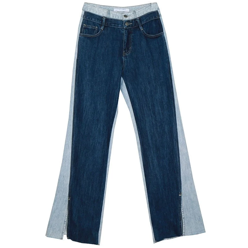 [EAM] Blue Contrast Color Split Joint Long Wide Leg Jeans New High Waist Loose Women Trousers Fashion Spring Autumn 2021 1T276
