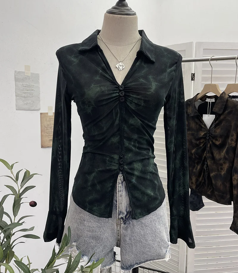 Brownm Real Shooting 2025 Spring And Summer New Tie Dye Mesh Elastic Temperament Clasp Tsets Single-Dear Horn Sleeve Shirt 8042