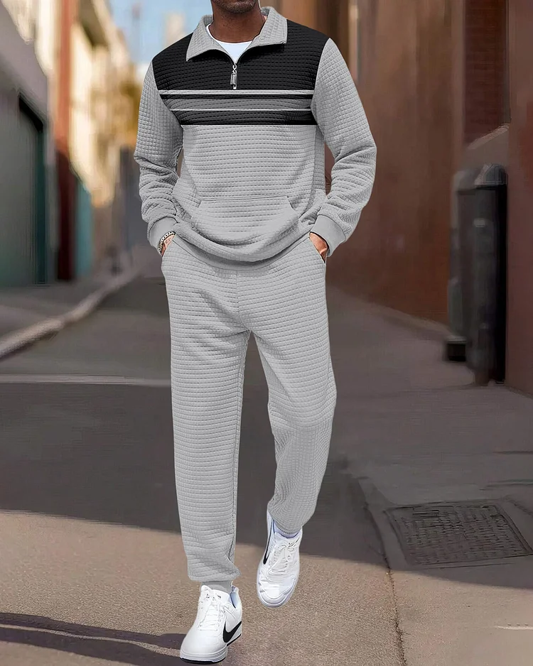 Men's Quarter Zipper Plaid Jacquard Jogging Set  005