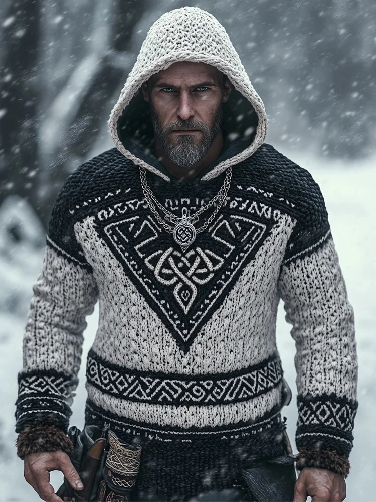 Men's Viking Style Celtic Knot Contrast Color Knit Hooded Sweater