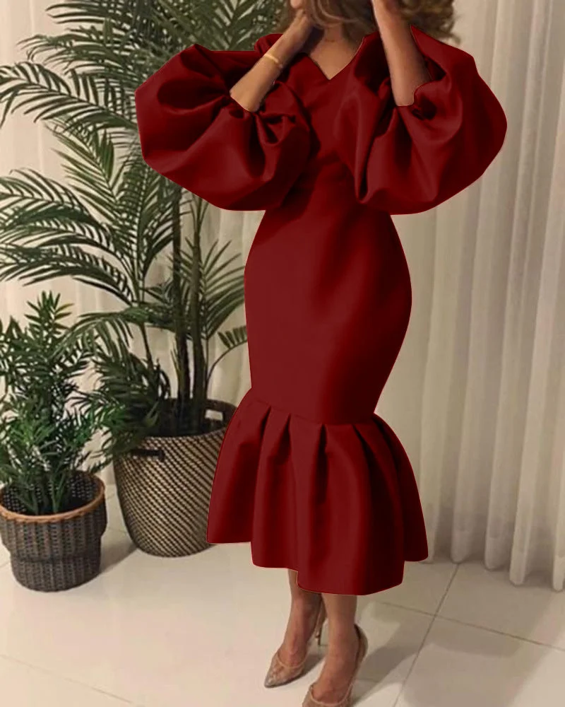 Uveng Commute Plus Size Women's Fashion Solid Color V-neck Bubble Long Sleeve Fishtail Dress