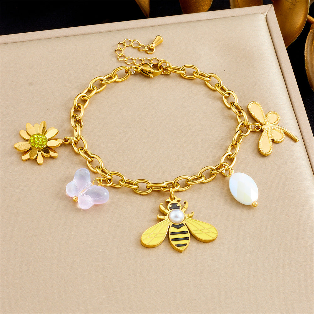 Gold-Plated Multi-Element Accessories Insect Animal Pendant Butterfly Bee Flower Stainless Steel Chain Bracelet