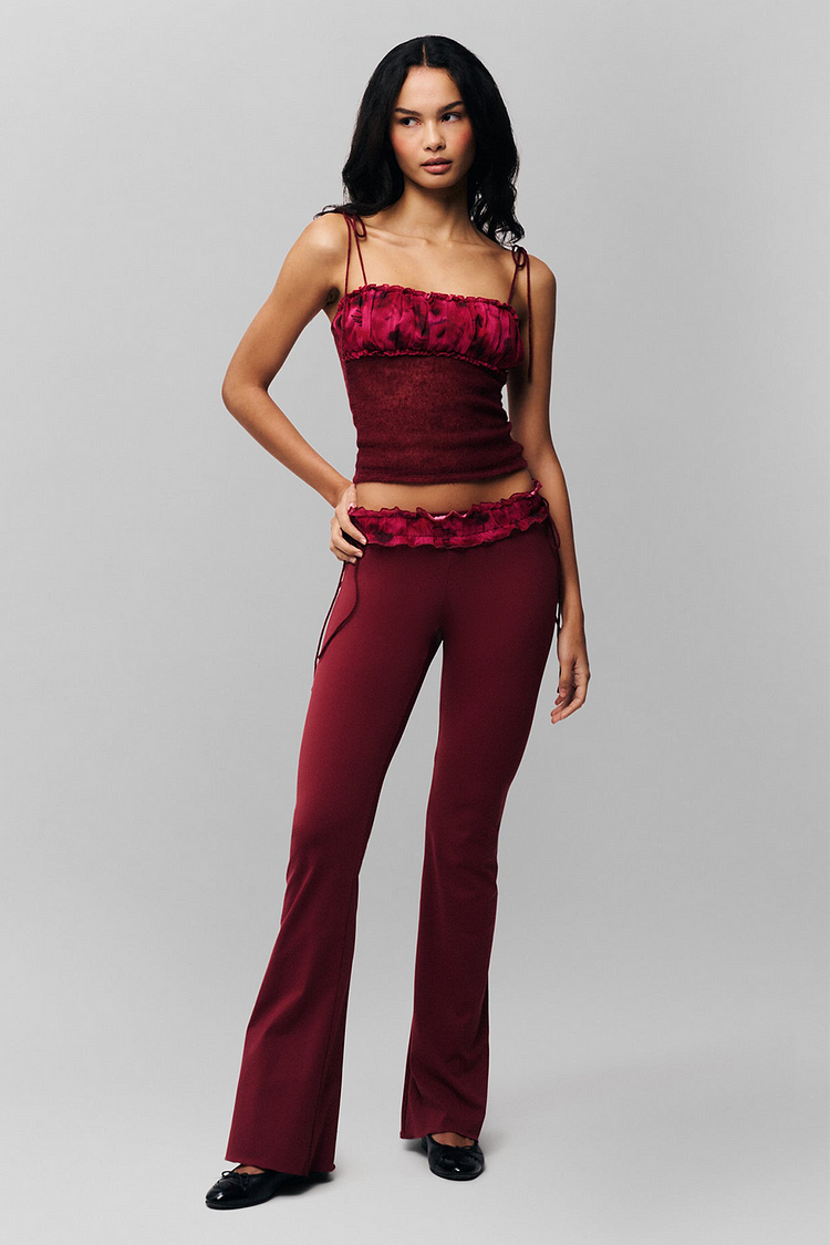Ruched Slim Fit Knit Cami Frilled Pants 2pcs Set-Burgundy [Pre Order]