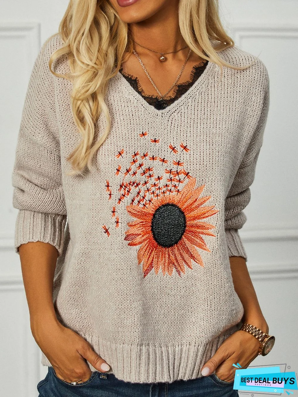 Casual Sunflower Lace V Neck Loose Tunic Sweater