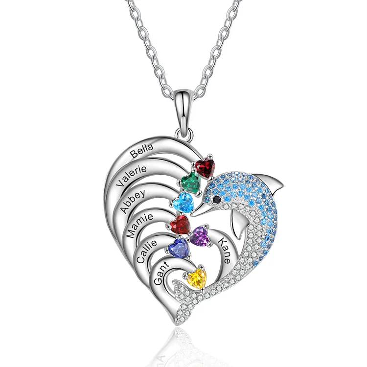 Collar Corazón delfín 7 nombres personalizados con 7 piedras de nacimiento