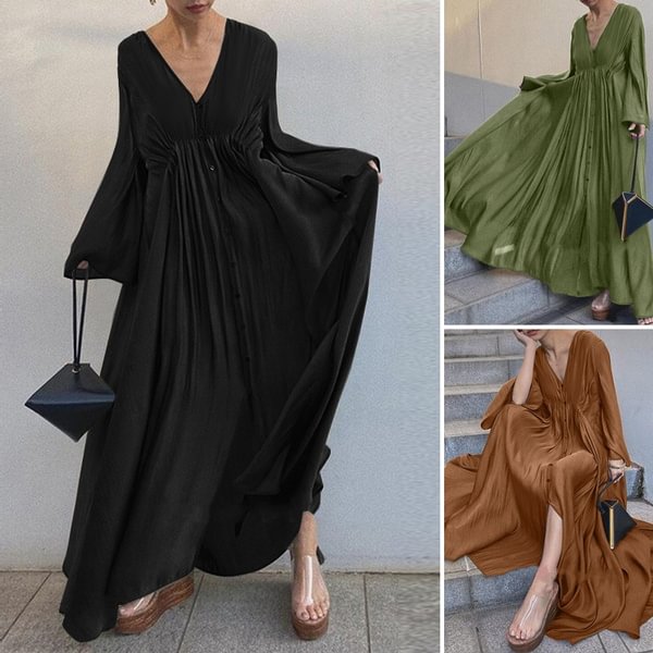 Women Summer V-Neck Long Sleeved Plus Size Casual Loose Long Dress Clubbing Dresses - BlackFridayBuys