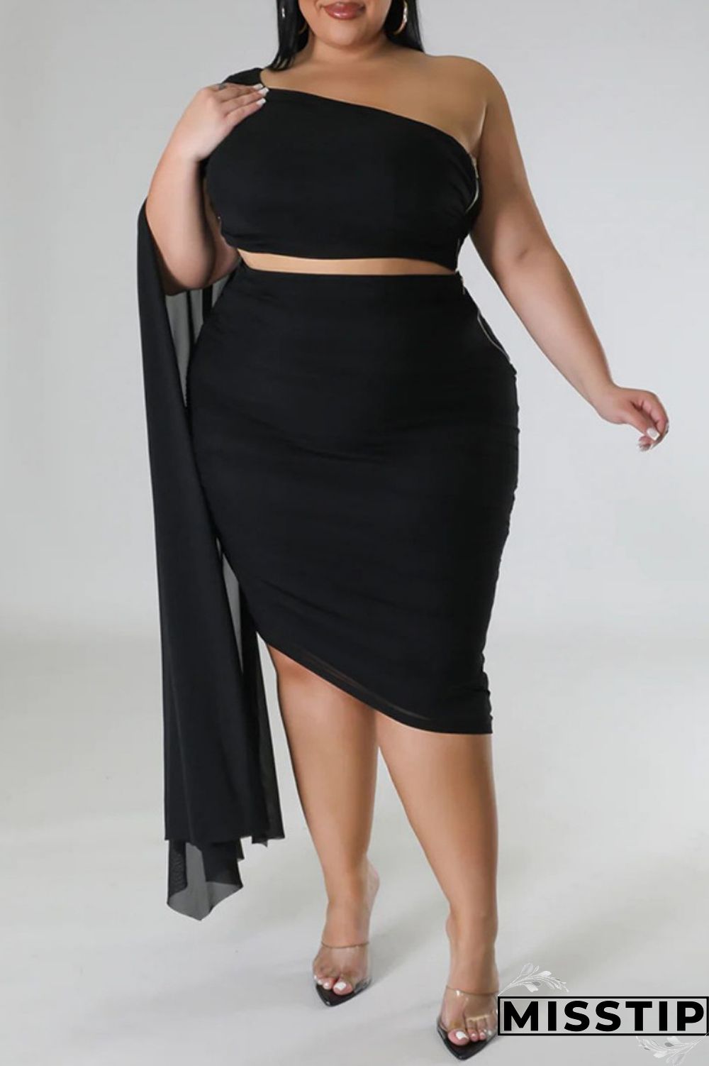 Blue Sexy Solid Patchwork Backless Oblique Collar Plus Size Two Pieces