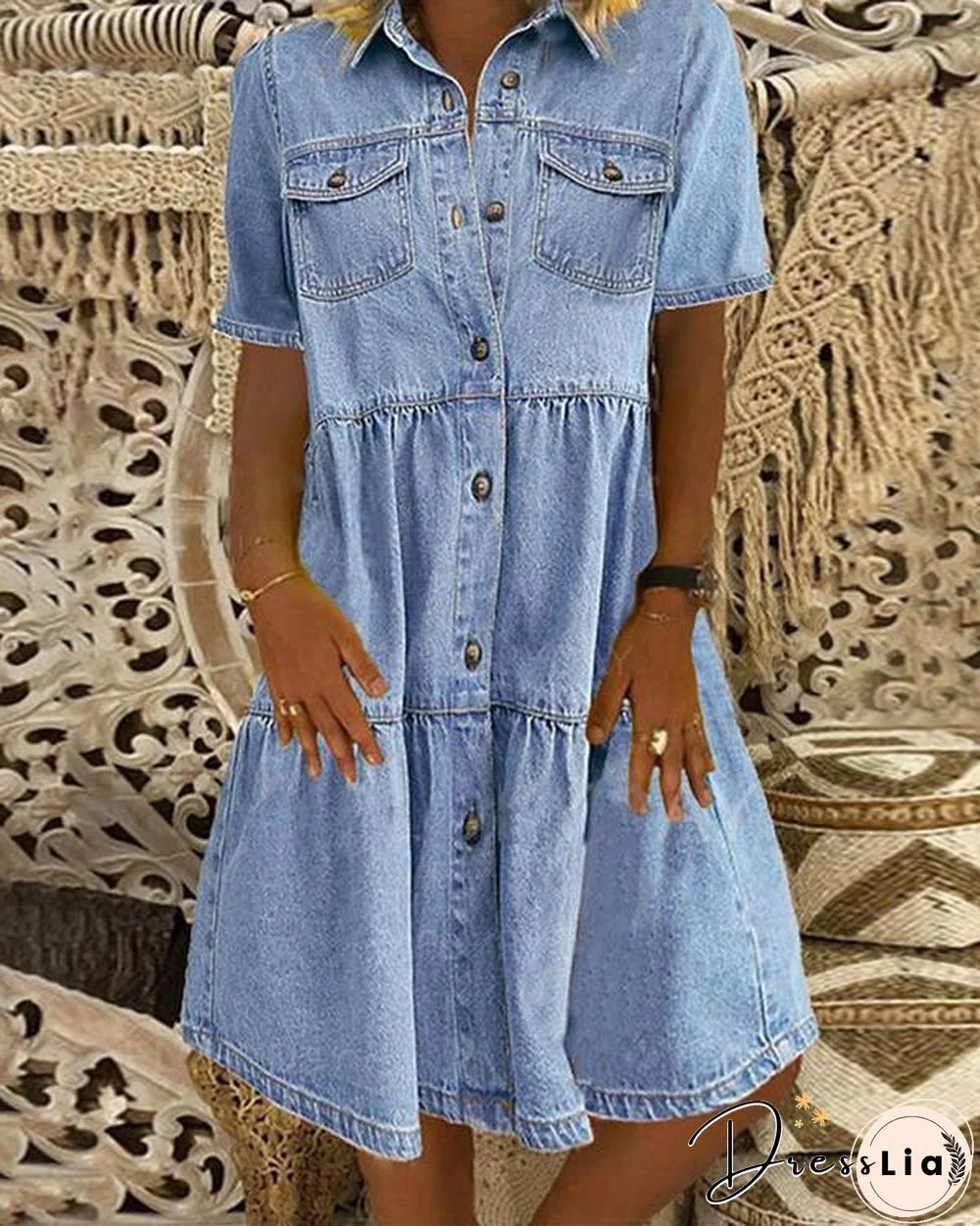 Sky Blue Denim Daily Casual Shirt Collar Short Sleeve Buttoned Pockets A-line Dresses