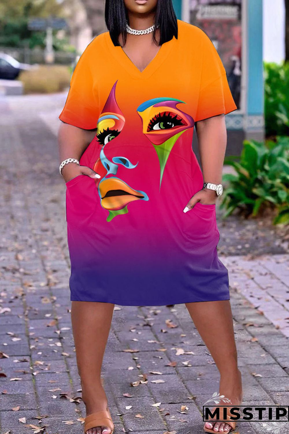 Multi-color Fashion Casual Print Patchwork V Neck Short Sleeve Dress