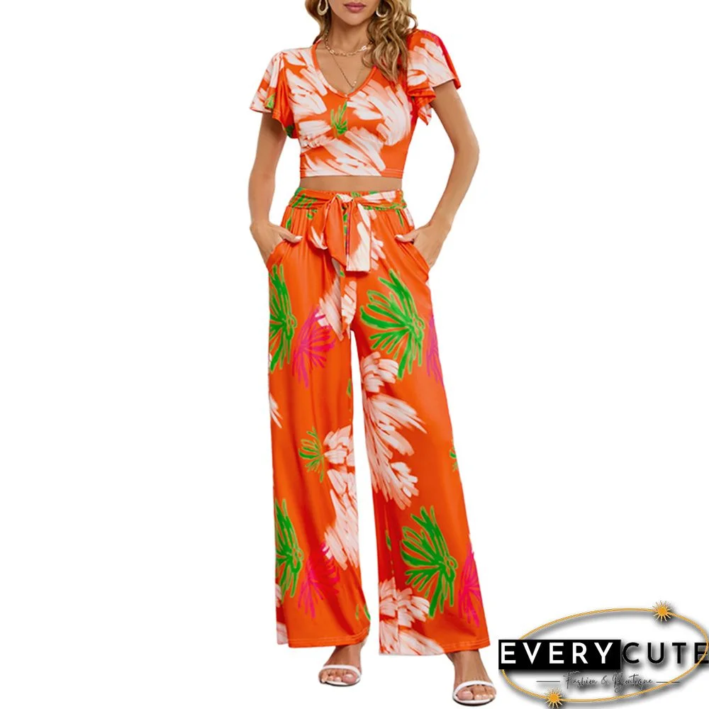 Orange Printed V Neck Crop and Wide Leg Pant Set