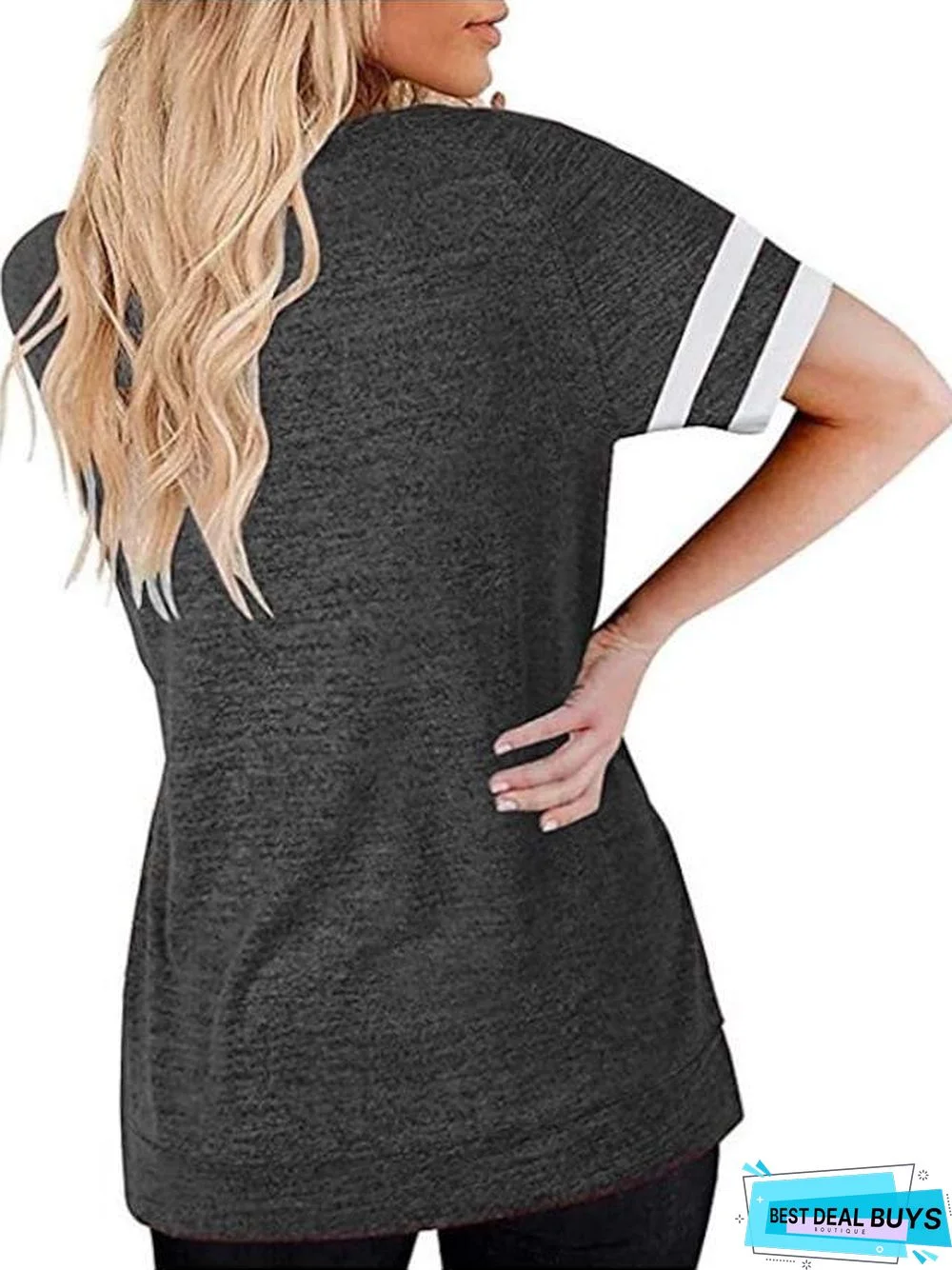 Women's T-Shirt Plain Patchwork Round Neck Tops Cotton Basic Top Black Blue Wine