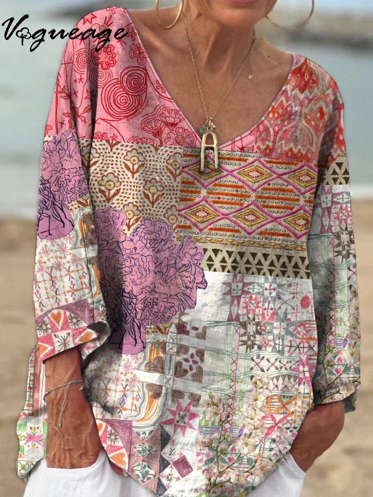 Fashionable Multi-Image Mosaic Flowers And Hearts 3/4 Sleeves Printed Cotton And Linen Shirt