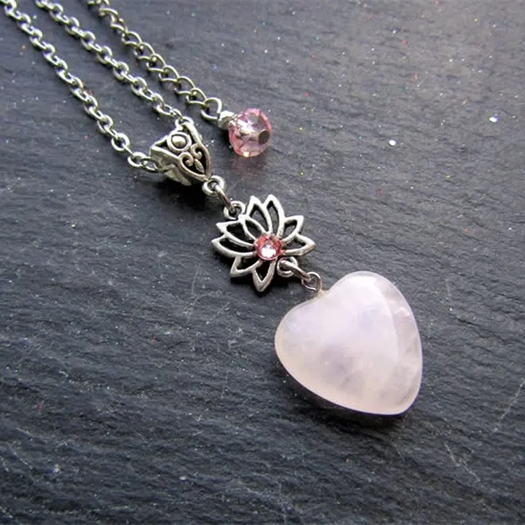 Olivenorma Bohemia Rose Quartz Heart Shape Lotus Necklace