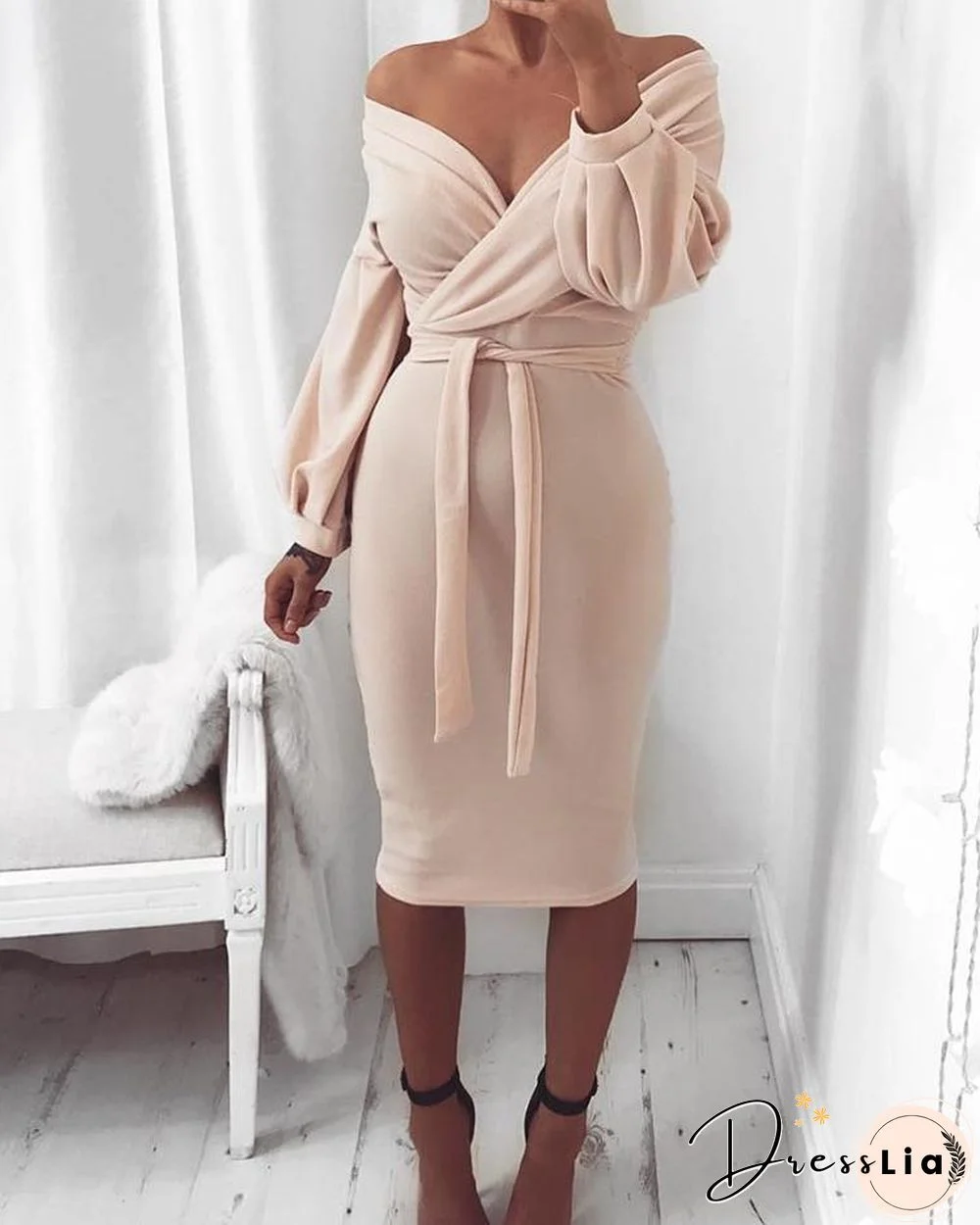 Off Shoulder Twisted Waist Tie Sexy Midi Dress P13670