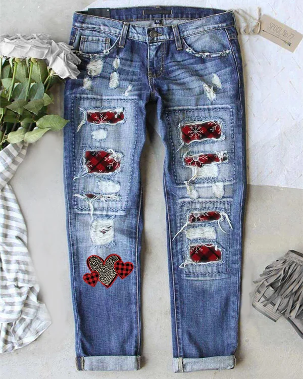 Christmas Check Print Casual Jeans