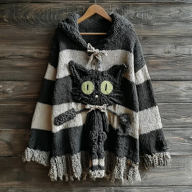 Halloween Cute Black Cat Striped Knitted Hooded Sweater