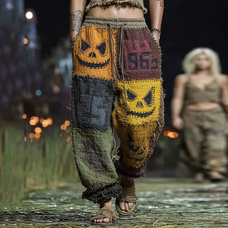 Bohemian Halloween Themed Embroidered Contrast Color Patchwork Linen Pants